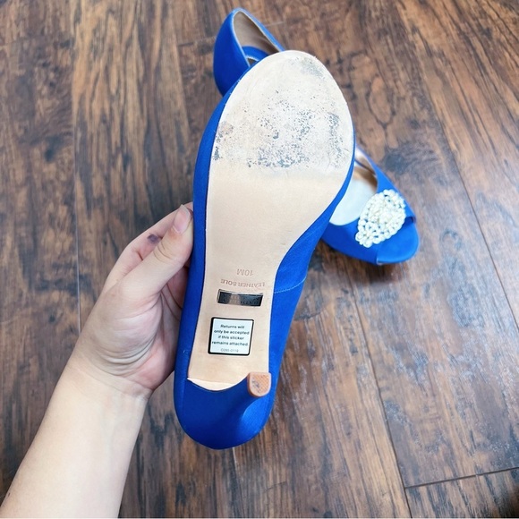 Badgley Mischka • Goodie Peep Toe Pumps satin jeweled Royal Blue Silk crystal - Picture 12 of 13
